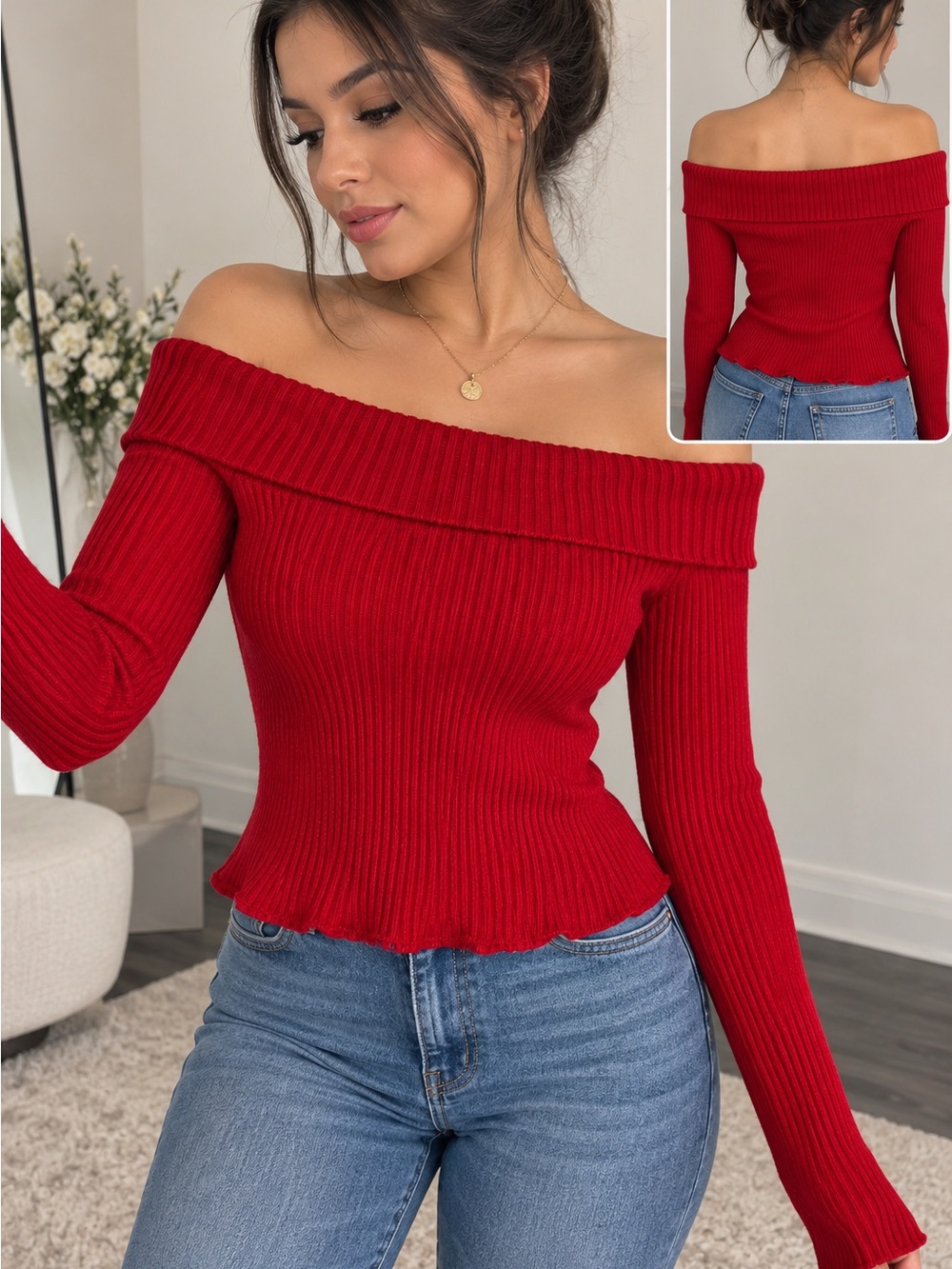 Off-Shoulder Ribbed Red Women's Sweater - Picture 2 of 2
